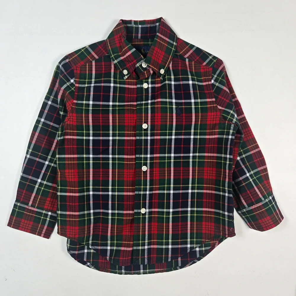 Ralph Lauren Button Down Kids 2T Red Green Plaid Holiday Tartan Pony Logo Shirt